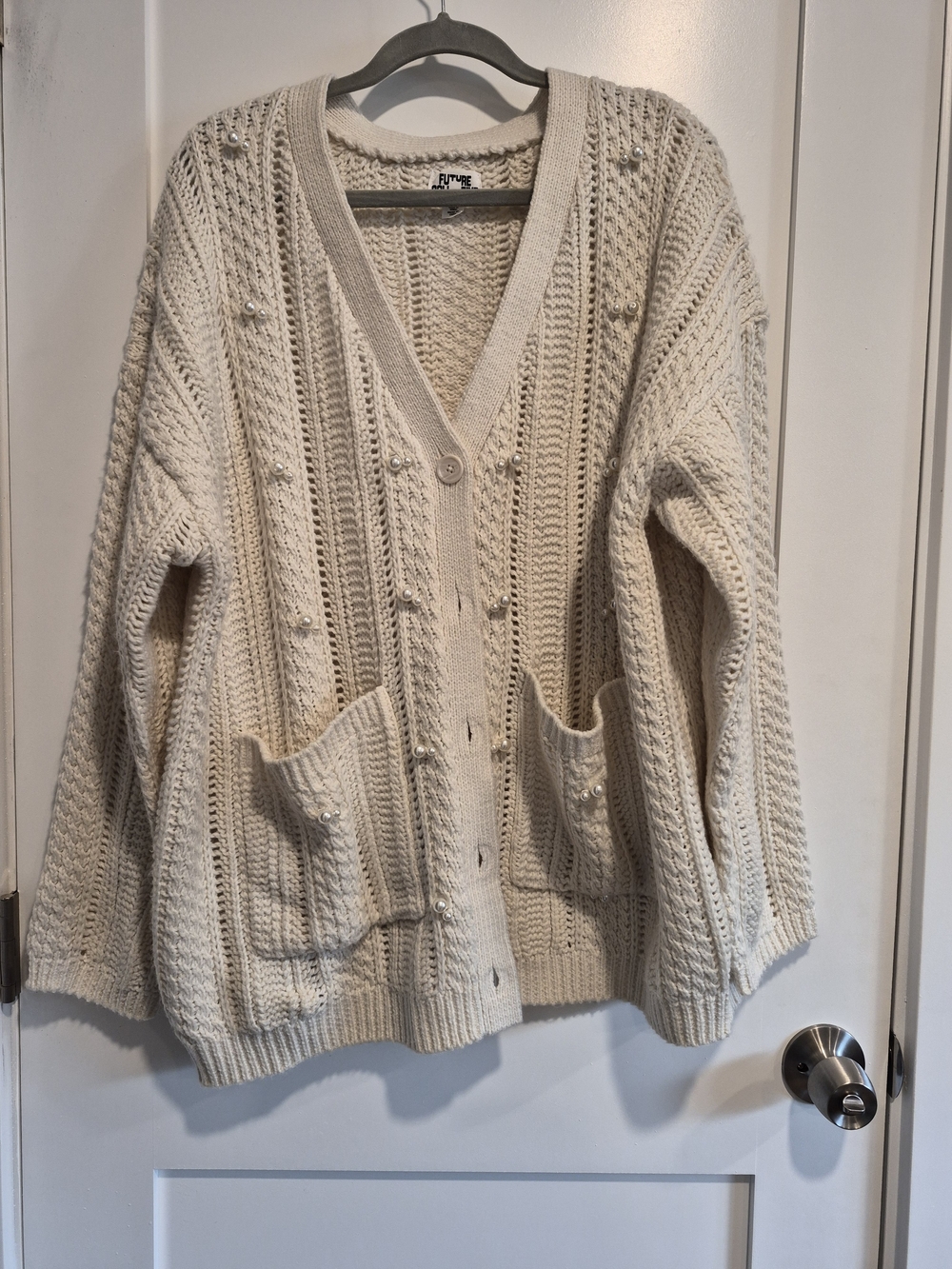 Textured Pearl-Accent Cream Cardigan Sweater -